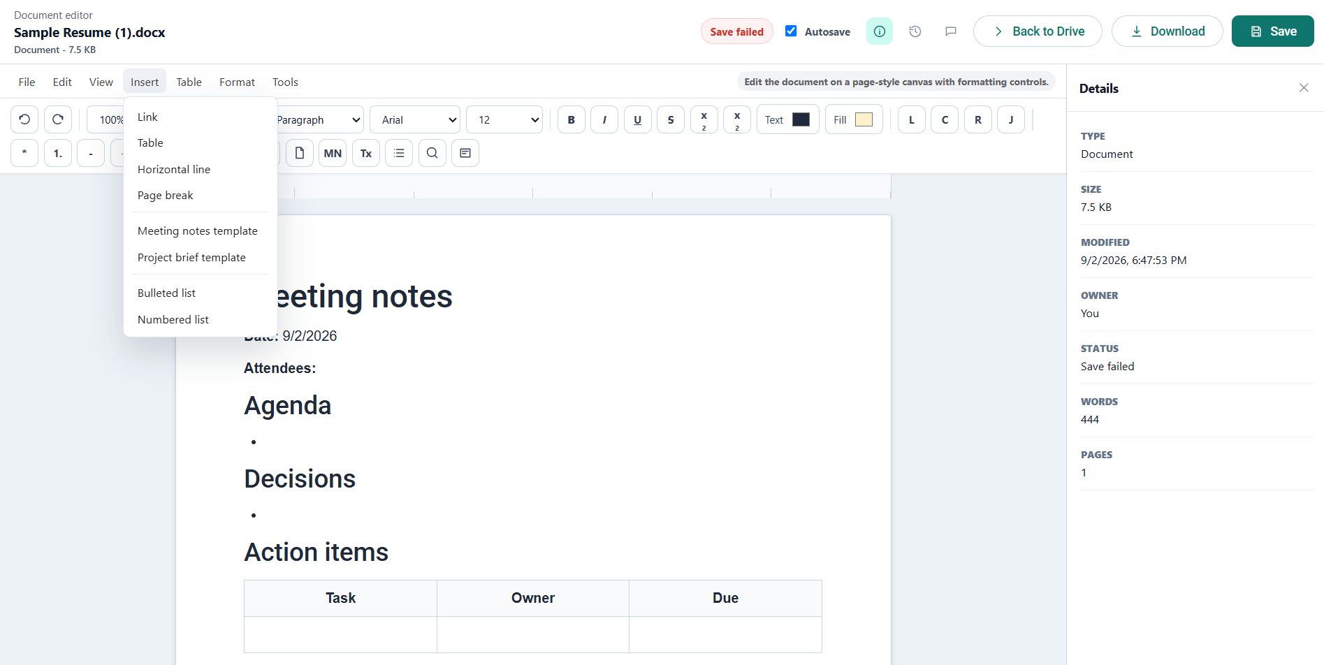 A Word document open in the NevTan Drive document editor