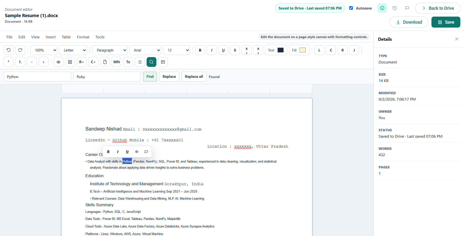 The find and replace bar in the document editor