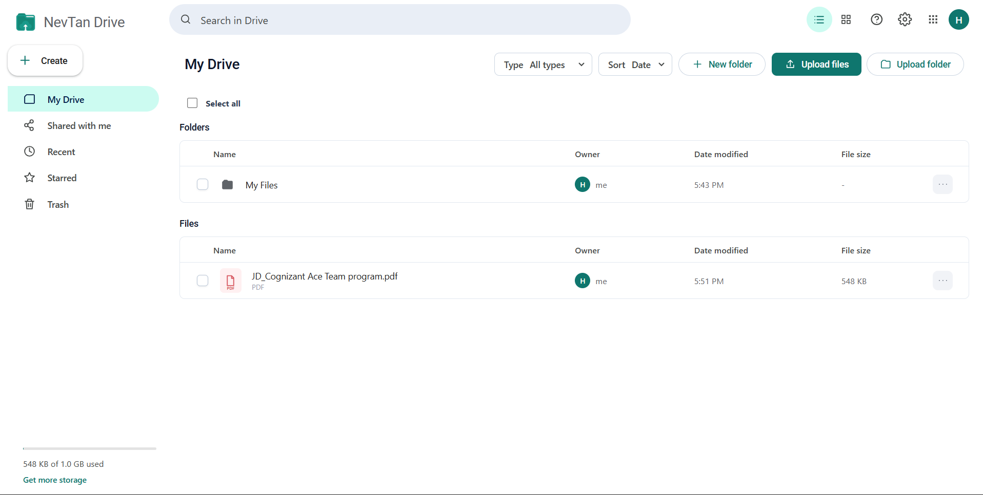 The NevTan Drive workspace showing the sidebar, search bar, and file list