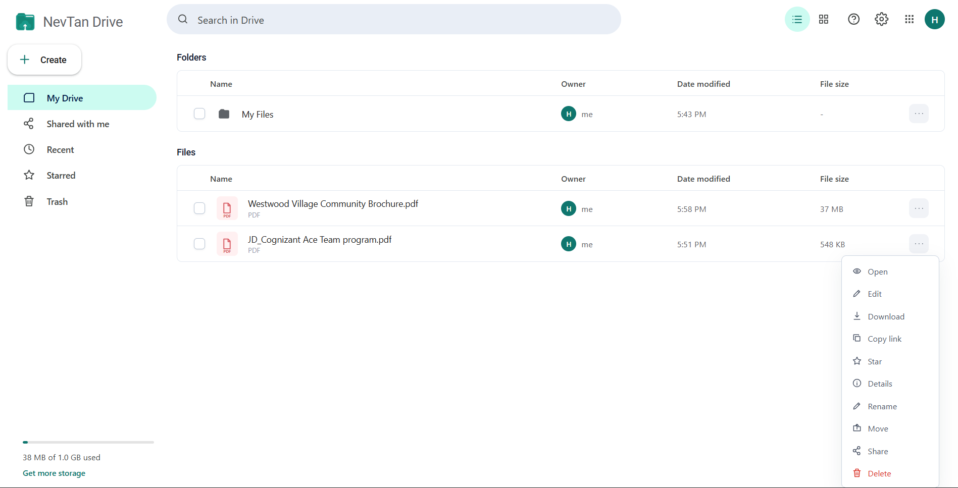 The per-item actions menu open on a file row