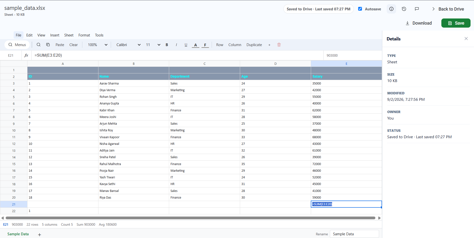 An Excel workbook open in the NevTan Drive spreadsheet editor