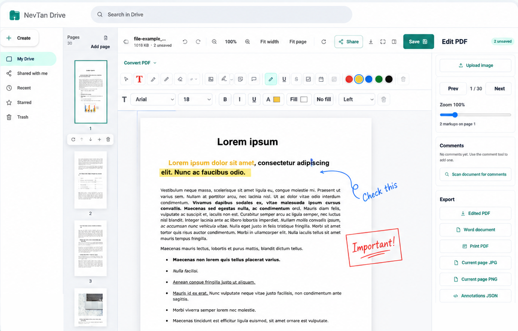 The NevTan Drive PDF editor with a document open: a text and markup toolbar, page thumbnails down the side, a highlighted paragraph with a handwritten note, and an export panel offering edited PDF, Word, JPG, PNG, and annotations JSON.